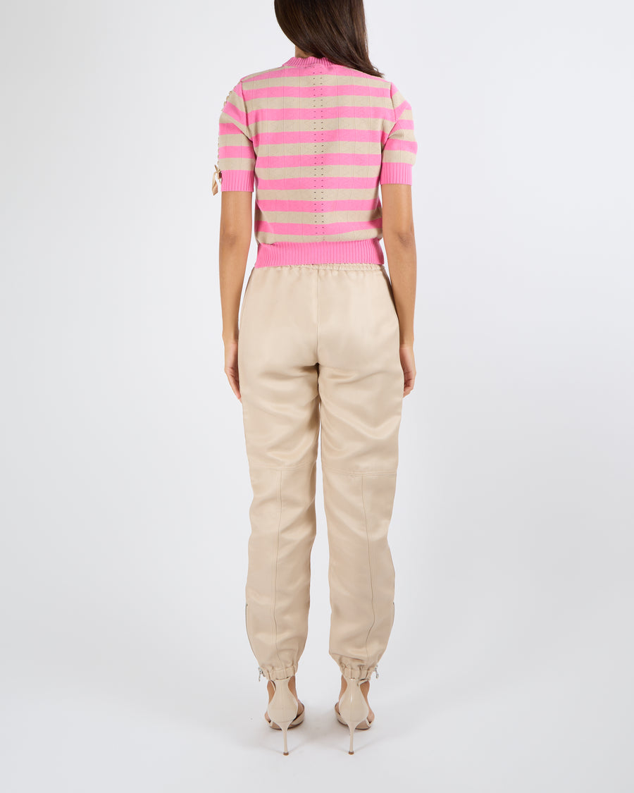 Ermanno Scervino Beige Linen and Cotton Blend Joggers with Elasticated Waistband and Cuffs with Crystal Embellished Tie Detail with Silver Zippers Size IT 40 (UK 8)