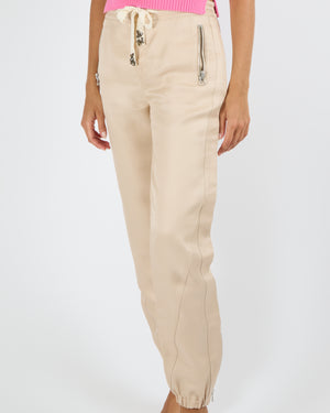 Ermanno Scervino Beige Linen and Cotton Blend Joggers with Elasticated Waistband and Cuffs with Crystal Embellished Tie Detail with Silver Zippers Size IT 40 (UK 8)