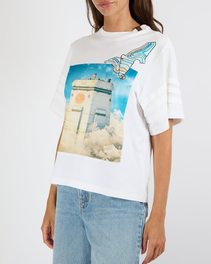 Louis Vuitton White Short-Sleeved T-Shirt with City Guide Print and LV Logo Detail with Textured Plain Print Size XS (UK 6)