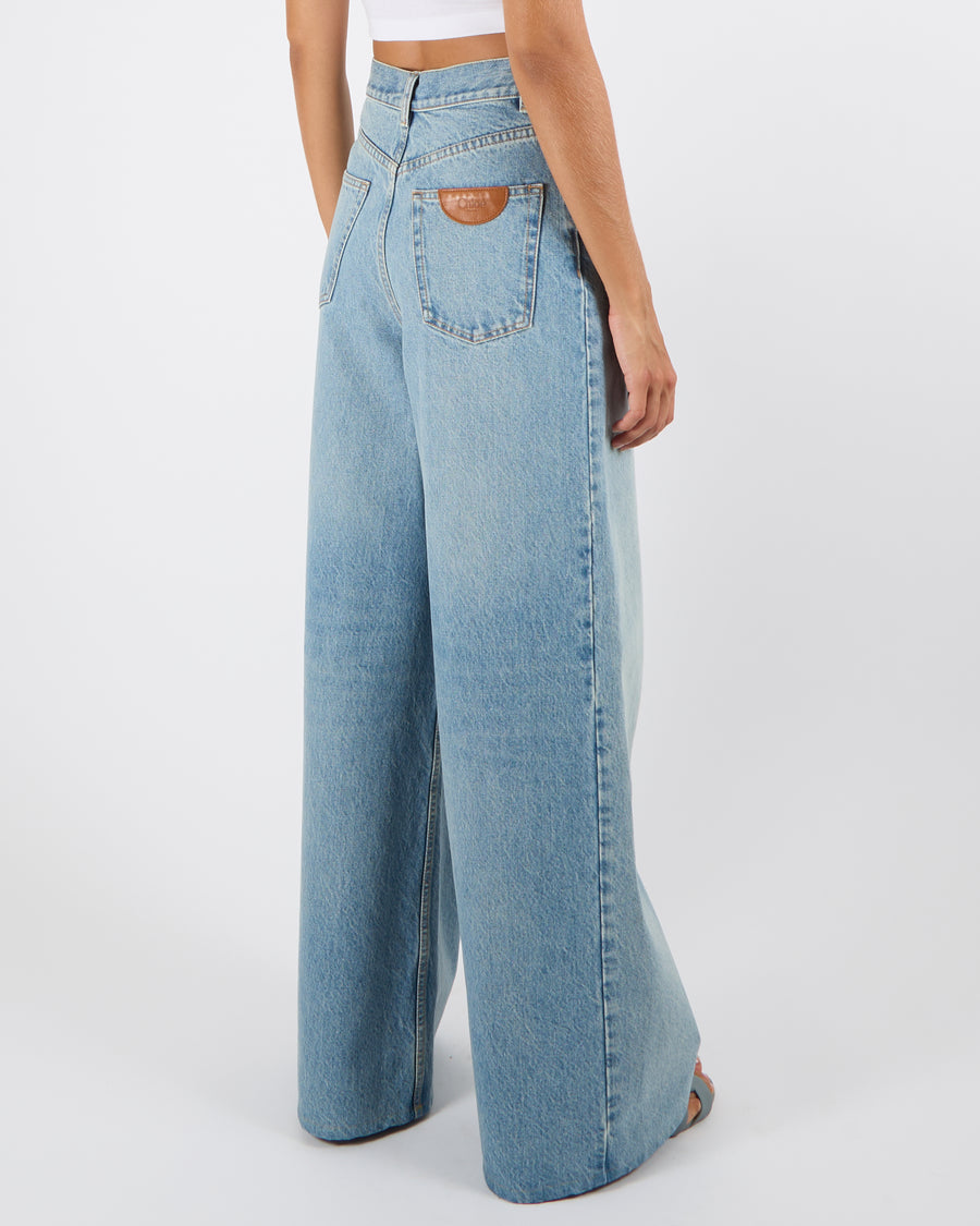Chloé Light Blue Denim High-Waisted Wide Leg Jeans with Back Logo Size FR 38 (UK 10) RRP £850