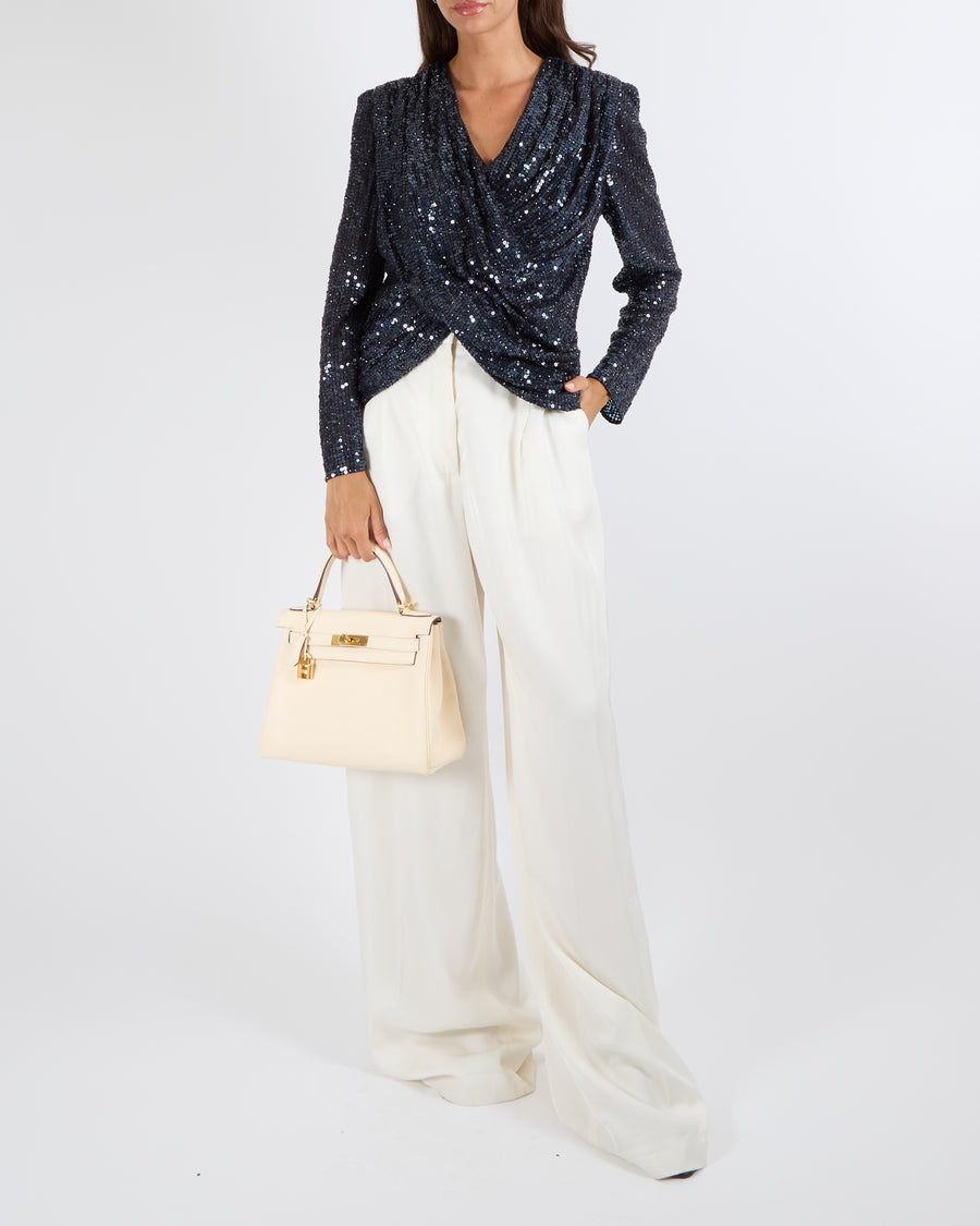 Jenny Packham Navy Sequin Misty Draped Blouse Top Size UK 14 RRP £2,800