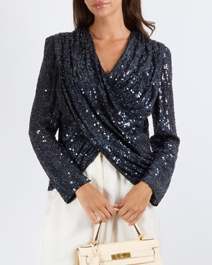 Jenny Packham Navy Sequin Misty Draped Blouse Top Size UK 14 RRP £2,800