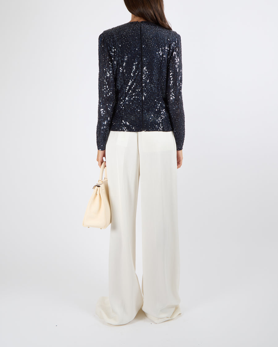 Jenny Packham Navy Sequin Misty Draped Blouse Top Size UK 14 RRP £2,800