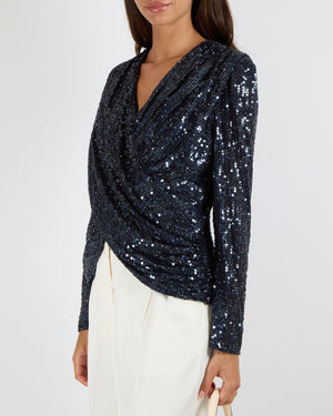 Jenny Packham Navy Sequin Misty Draped Blouse Top Size UK 14 RRP £2,800