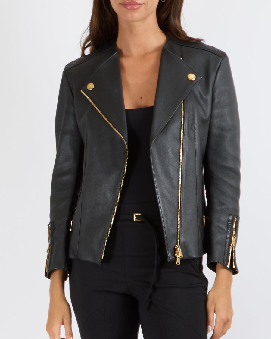 Louis Vuitton Black Lambskin Leather Jacket with Gold Logo Zippers Size FR 38 (UK 10)