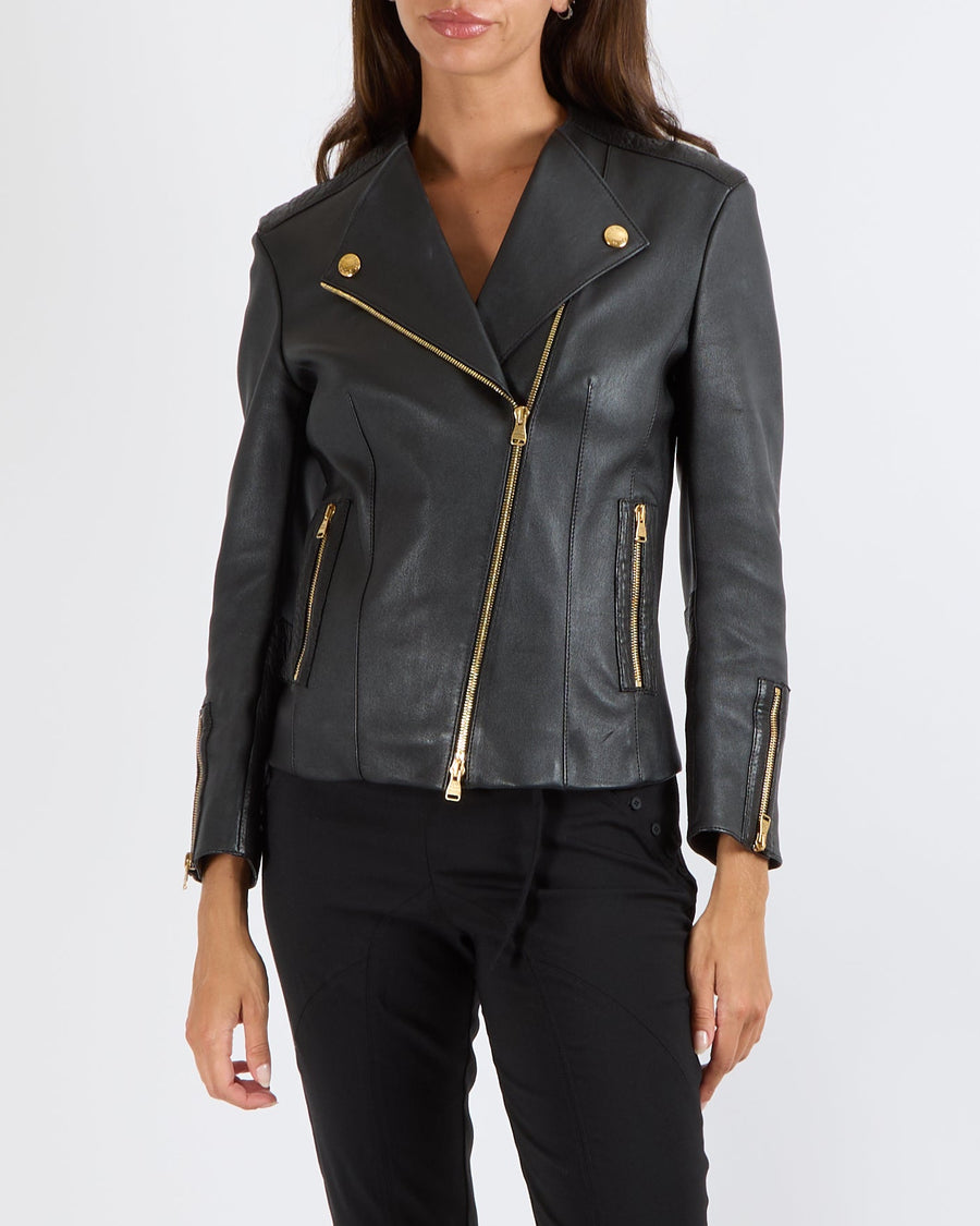 Louis Vuitton Black Lambskin Leather Jacket with Gold Logo Zippers Size FR 38 (UK 10)