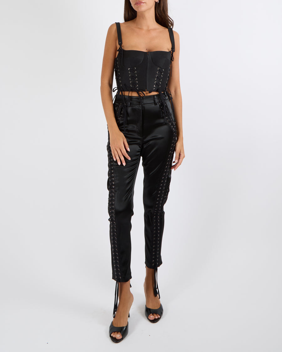 Christian Dior Black Corset Crop Top with Lace Up Details and Silver Loops Size FR 38 (UK 10)