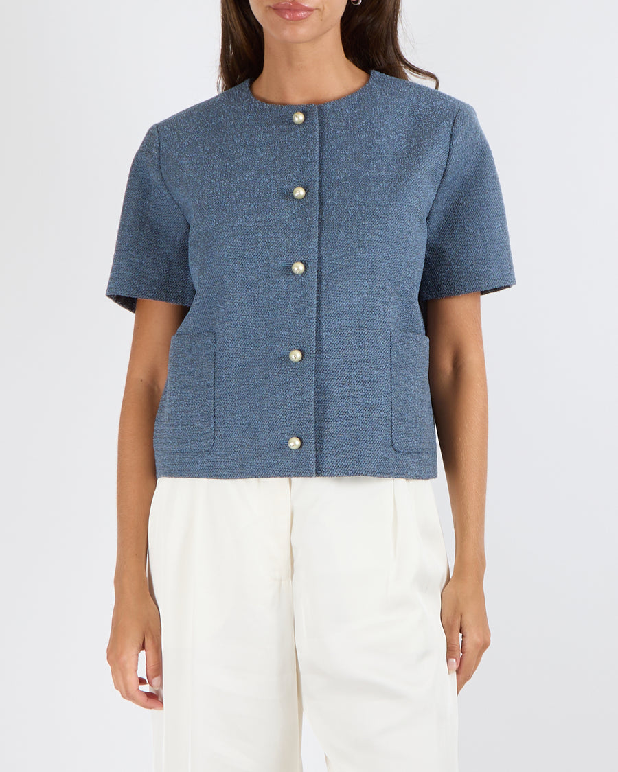 Christian Dior Blue Bouclé Short-Sleeve Jacket with Pearl CD Logo Buttons Size FR 38 (UK 10)
