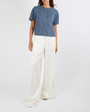 Christian Dior Blue Bouclé Short-Sleeve Jacket with Pearl CD Logo Buttons Size FR 38 (UK 10)
