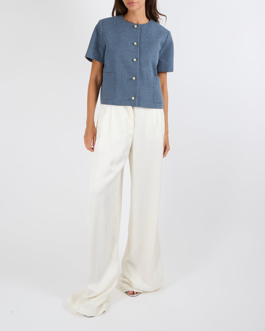 Christian Dior Blue Bouclé Short-Sleeve Jacket with Pearl CD Logo Buttons Size FR 38 (UK 10)
