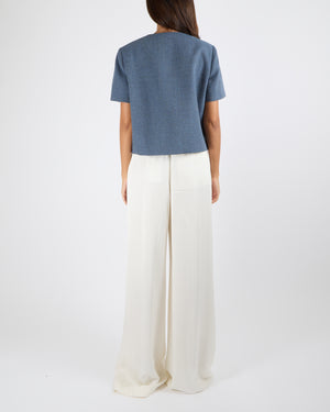 Christian Dior Blue Bouclé Short-Sleeve Jacket with Pearl CD Logo Buttons Size FR 38 (UK 10)