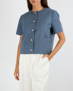 Christian Dior Blue Bouclé Short-Sleeve Jacket with Pearl CD Logo Buttons Size FR 38 (UK 10)