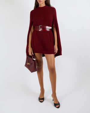 Max Mara Fall 2025 Burgundy Wool Knit Mini Dress with Cape, Pockets and Leather Belt Detail Size FR 38 (UK 10) RRP £1,550