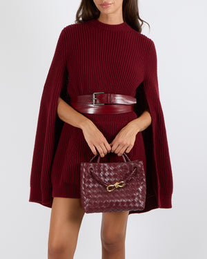 Max Mara Fall 2025 Burgundy Wool Knit Mini Dress with Cape, Pockets and Leather Belt Detail Size FR 38 (UK 10) RRP £1,550