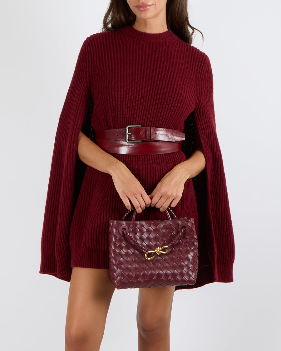 Max Mara Fall 2025 Burgundy Wool Knit Mini Dress with Cape, Pockets and Leather Belt Detail Size FR 38 (UK 10) RRP £1,550