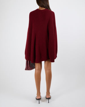 Max Mara Fall 2025 Burgundy Wool Knit Mini Dress with Cape, Pockets and Leather Belt Detail Size FR 38 (UK 10) RRP £1,550