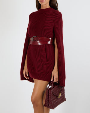 Max Mara Fall 2025 Burgundy Wool Knit Mini Dress with Cape, Pockets and Leather Belt Detail Size FR 38 (UK 10) RRP £1,550