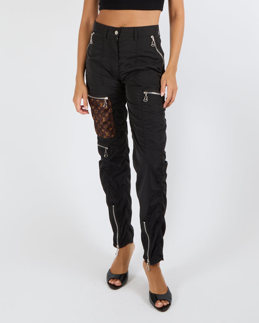 Louis Vuitton Fall 2020 Black Cargo Trousers with Brown Monogram Logo Patches and Silver Zippers Size FR 34 (UK 6)