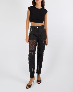 Louis Vuitton Fall 2020 Black Cargo Trousers with Brown Monogram Logo Patches and Silver Zippers Size FR 34 (UK 6)
