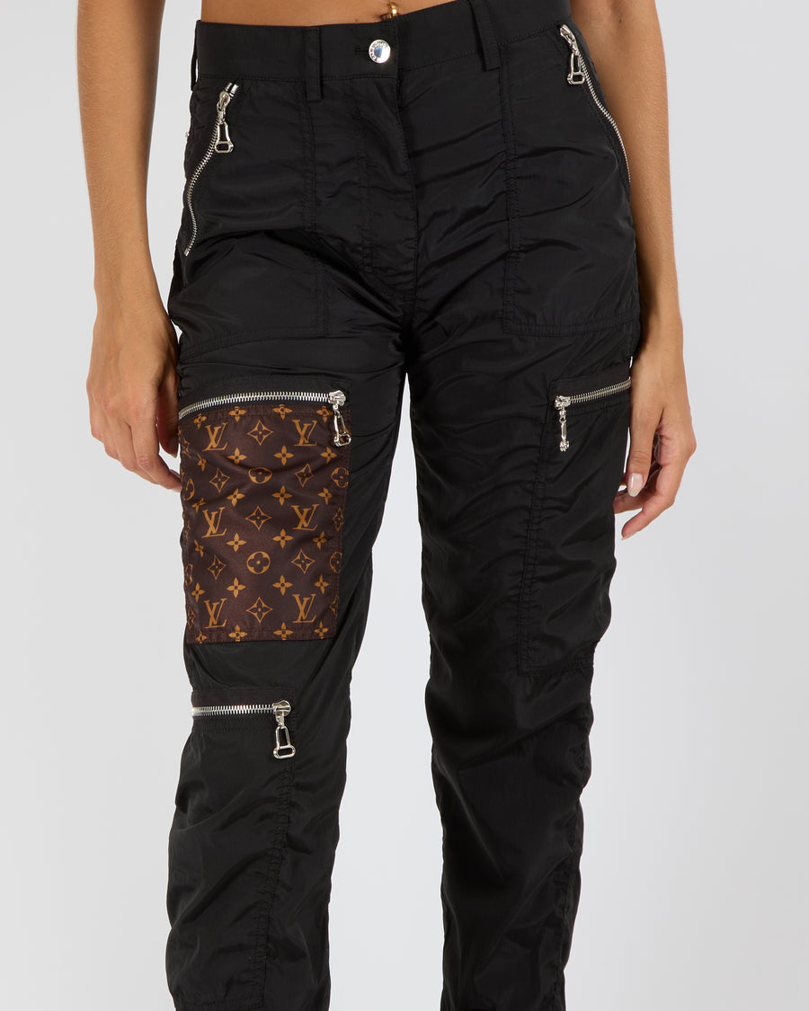 Louis Vuitton Fall 2020 Black Cargo Trousers with Brown Monogram Logo Patches and Silver Zippers Size FR 34 (UK 6)