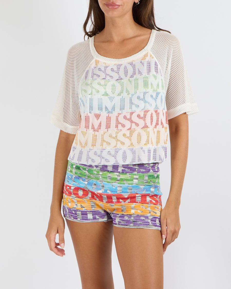 Missoni Mare White Net Short-Sleeved Top with Multi-Colour Logo Stripes Size IT 38 (UK 6)