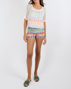 Missoni Mare White Net Short-Sleeved Top with Multi-Colour Logo Stripes Size IT 38 (UK 6)