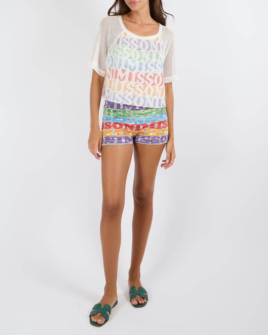 Missoni Mare White Net Short-Sleeved Top with Multi-Colour Logo Stripes Size IT 38 (UK 6)