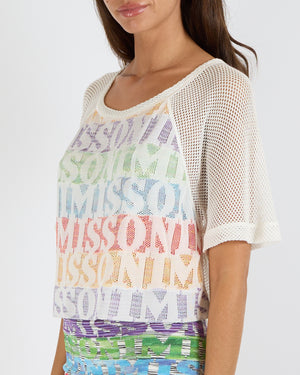 Missoni Mare White Net Short-Sleeved Top with Multi-Colour Logo Stripes Size IT 38 (UK 6)