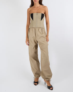 Dion Lee Beige Cargo Trousers with Frayed Waistband and Gold Logo Button Details Size S (UK 8)