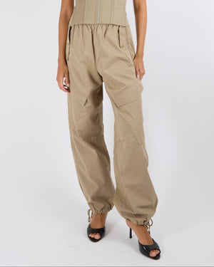 Dion Lee Beige Cargo Trousers with Frayed Waistband and Gold Logo Button Details Size S (UK 8)