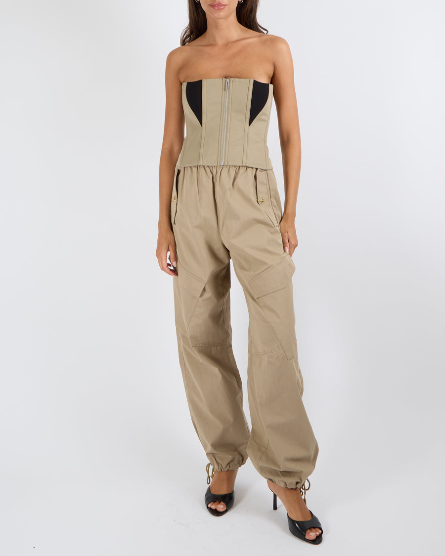 Dion Lee Beige Strapless Corset Top with Black Ribbed Patch Inserts with Silver Zipper Details Size AUS 10 (UK 10)