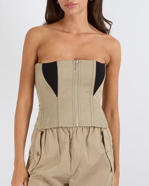 Dion Lee Beige Strapless Corset Top with Black Ribbed Patch Inserts with Silver Zipper Details Size AUS 10 (UK 10)
