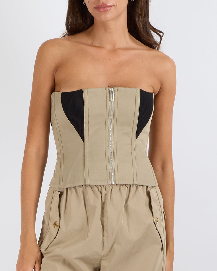 Dion Lee Beige Strapless Corset Top with Black Ribbed Patch Inserts with Silver Zipper Details Size AUS 10 (UK 10)