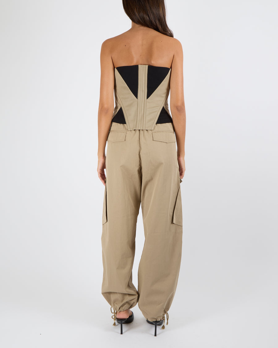 Dion Lee Beige Cargo Trousers with Frayed Waistband and Gold Logo Button Details Size S (UK 8)