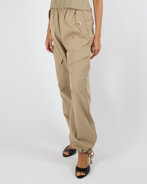 Dion Lee Beige Cargo Trousers with Frayed Waistband and Gold Logo Button Details Size S (UK 8)
