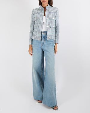 Chanel Cruise 2020 Blue and Multi-Colour Tweed Jacket with White and Silver Textured CC Logo Buttons Size FR 38 (UK 10) RRP £7,330