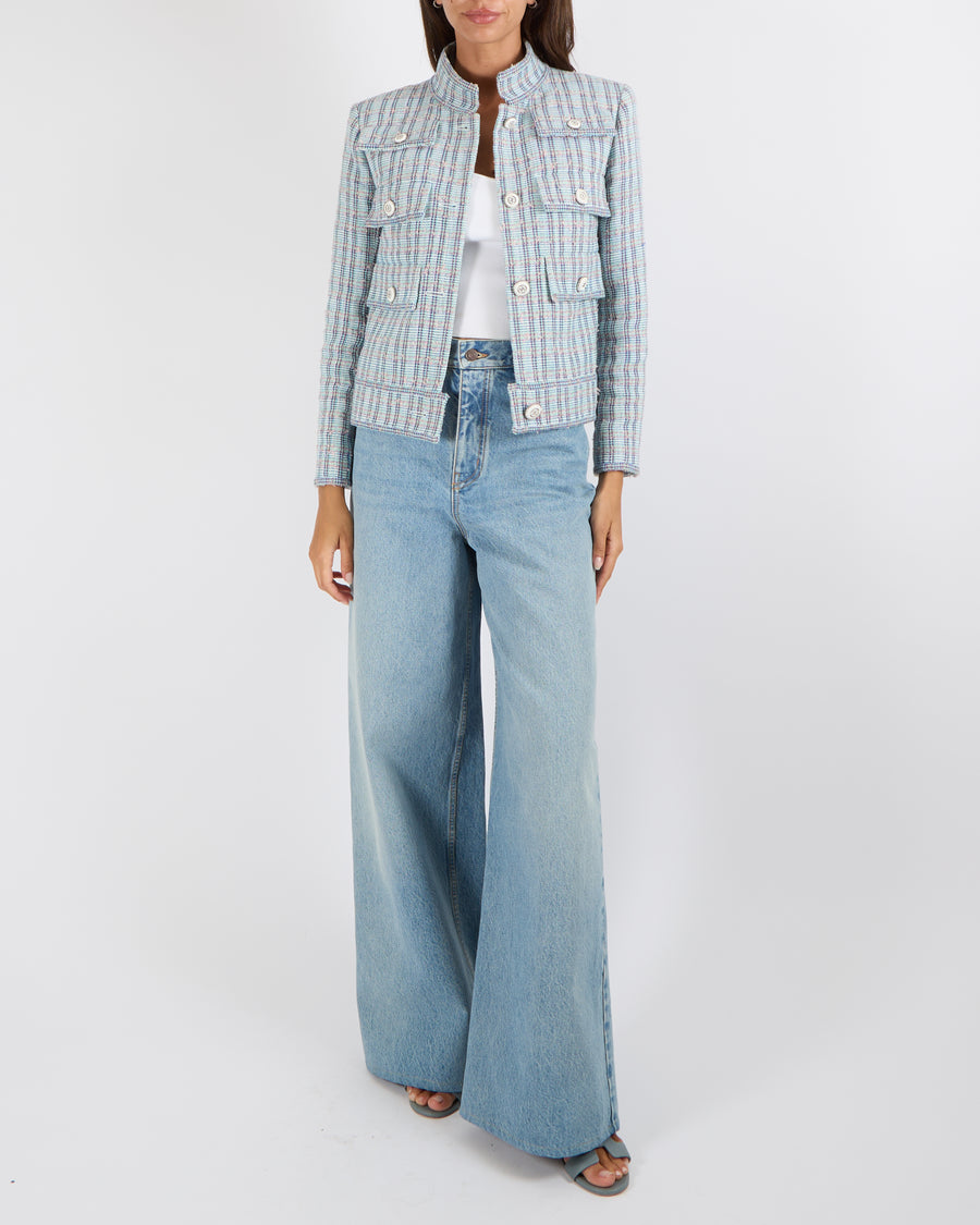 Chanel Cruise 2020 Blue and Multi-Colour Tweed Jacket with White and Silver Textured CC Logo Buttons Size FR 38 (UK 10) RRP £7,330
