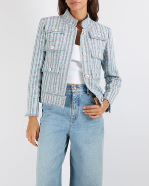 Chanel Cruise 2020 Blue and Multi-Colour Tweed Jacket with White and Silver Textured CC Logo Buttons Size FR 38 (UK 10) RRP £7,330