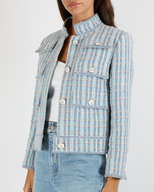 Chanel Cruise 2020 Blue and Multi-Colour Tweed Jacket with White and Silver Textured CC Logo Buttons Size FR 38 (UK 10) RRP £7,330