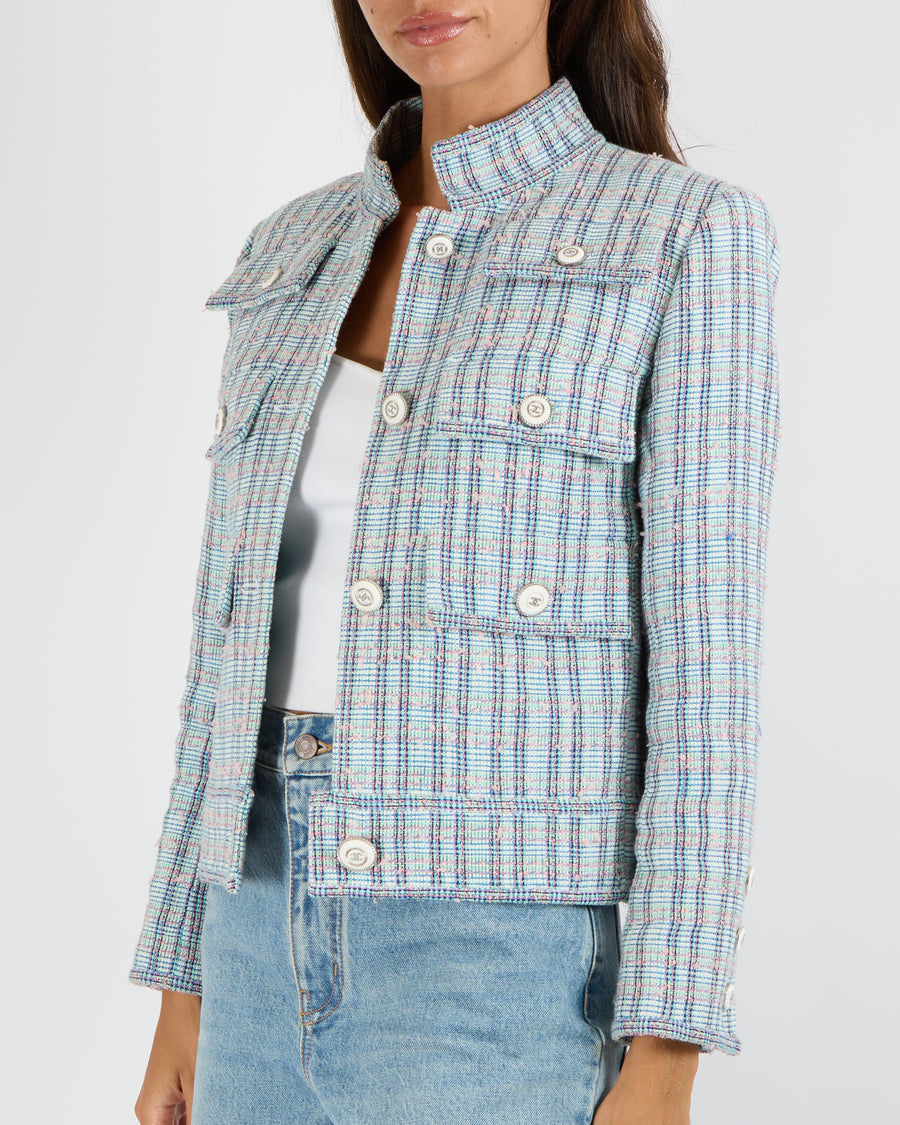 Chanel Cruise 2020 Blue and Multi-Colour Tweed Jacket with White and Silver Textured CC Logo Buttons Size FR 38 (UK 10) RRP £7,330