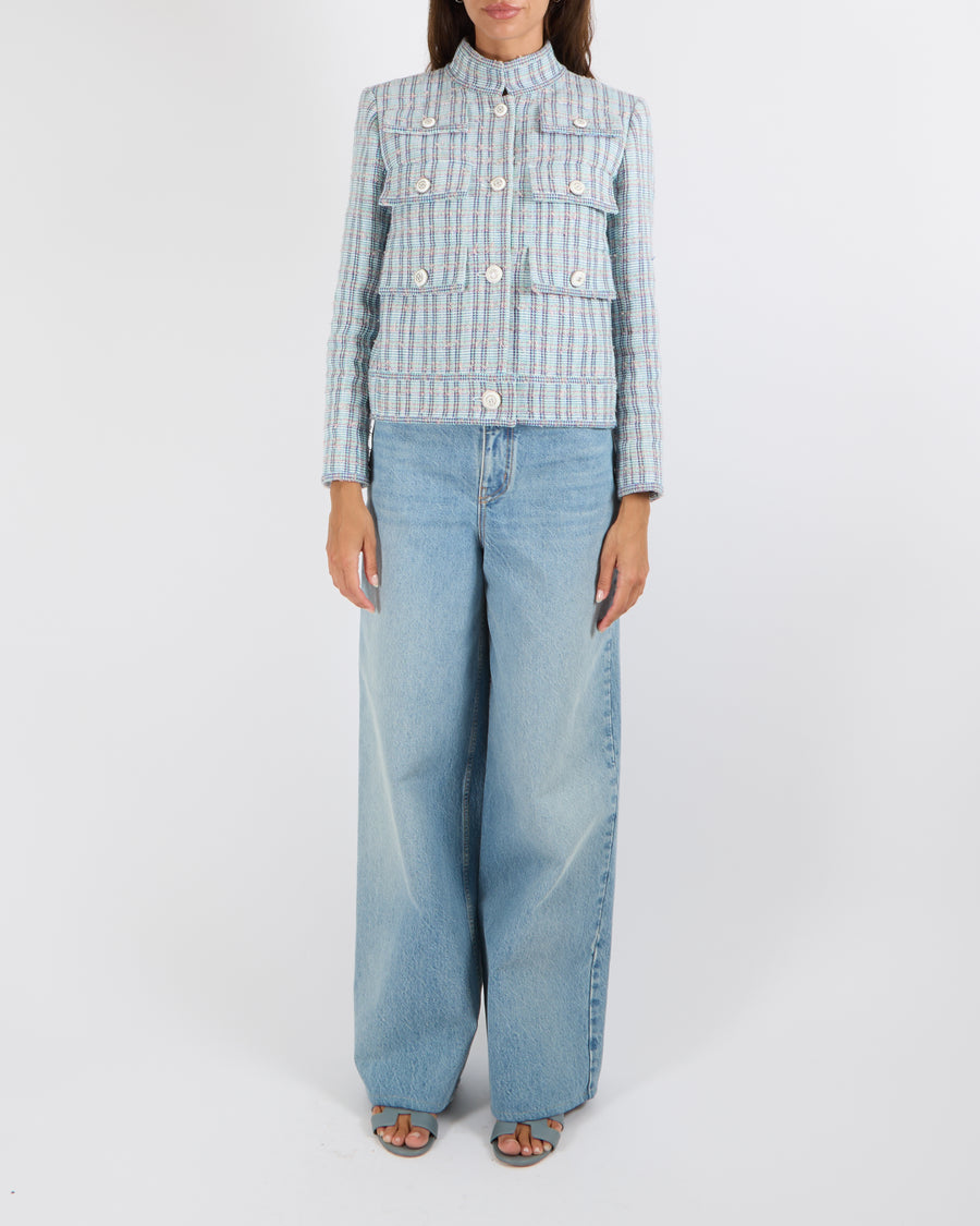 Chanel Cruise 2020 Blue and Multi-Colour Tweed Jacket with White and Silver Textured CC Logo Buttons Size FR 38 (UK 10) RRP £7,330