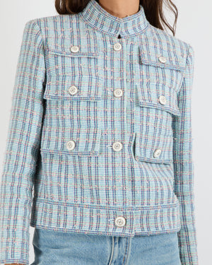 Chanel Cruise 2020 Blue and Multi-Colour Tweed Jacket with White and Silver Textured CC Logo Buttons Size FR 38 (UK 10) RRP £7,330
