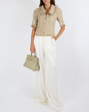 Chanel Cruise 2018 Beige Linen Woven Jacket with Fringed Trims and Gold CC Logo Horse Button Size FR 38 (UK 10) RRP £3610