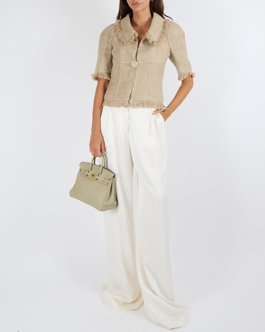 Chanel Cruise 2018 Beige Linen Woven Jacket with Fringed Trims and Gold CC Logo Horse Button Size FR 38 (UK 10) RRP £3610