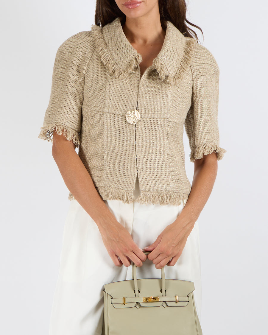 Chanel Cruise 2018 Beige Linen Woven Jacket with Fringed Trims and Gold CC Logo Horse Button Size FR 38 (UK 10) RRP £3610