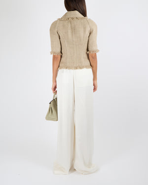 Chanel Cruise 2018 Beige Linen Woven Jacket with Fringed Trims and Gold CC Logo Horse Button Size FR 38 (UK 10) RRP £3610