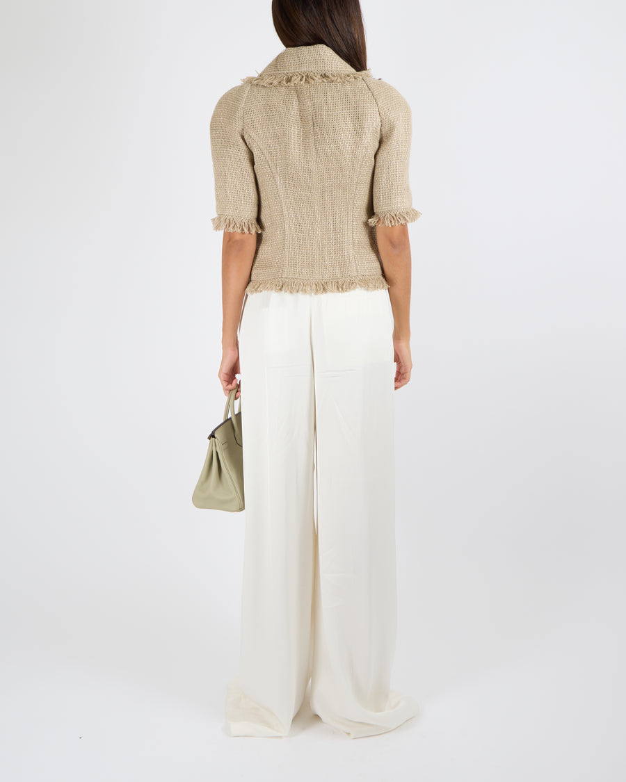 Chanel Cruise 2018 Beige Linen Woven Jacket with Fringed Trims and Gold CC Logo Horse Button Size FR 38 (UK 10) RRP £3610
