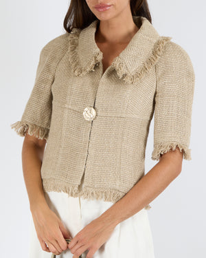 Chanel Cruise 2018 Beige Linen Woven Jacket with Fringed Trims and Gold CC Logo Horse Button Size FR 38 (UK 10) RRP £3610