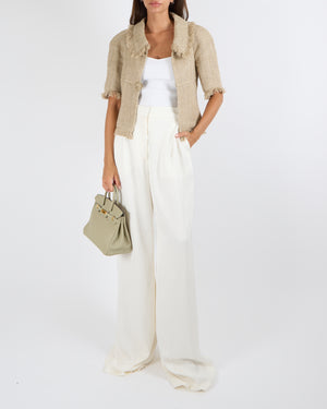 Chanel Cruise 2018 Beige Linen Woven Jacket with Fringed Trims and Gold CC Logo Horse Button Size FR 38 (UK 10) RRP £3610