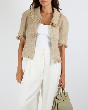 Chanel Cruise 2018 Beige Linen Woven Jacket with Fringed Trims and Gold CC Logo Horse Button Size FR 38 (UK 10) RRP £3610